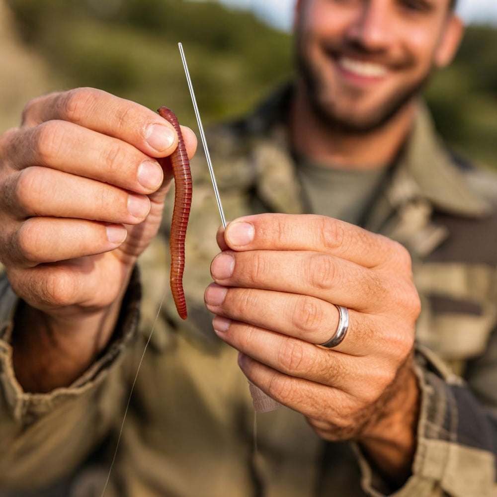 Sharp needle tip threads bait without damaging worms