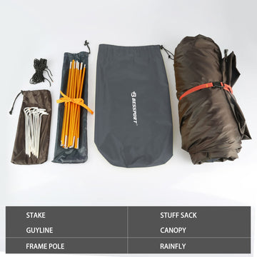 Bessport 2P tent clip-pole setup enables quick, lightweight assembly.