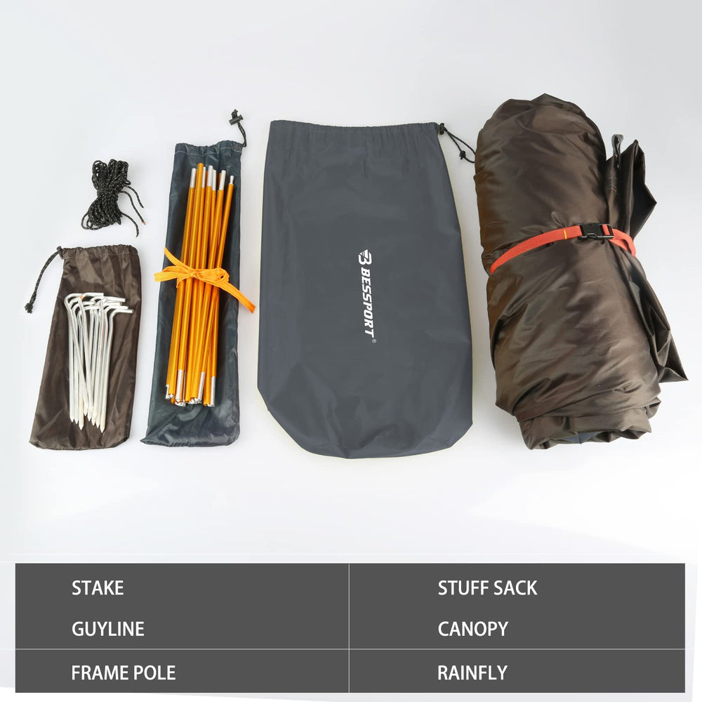 Bessport 2P tent clip-pole setup enables quick, lightweight assembly.