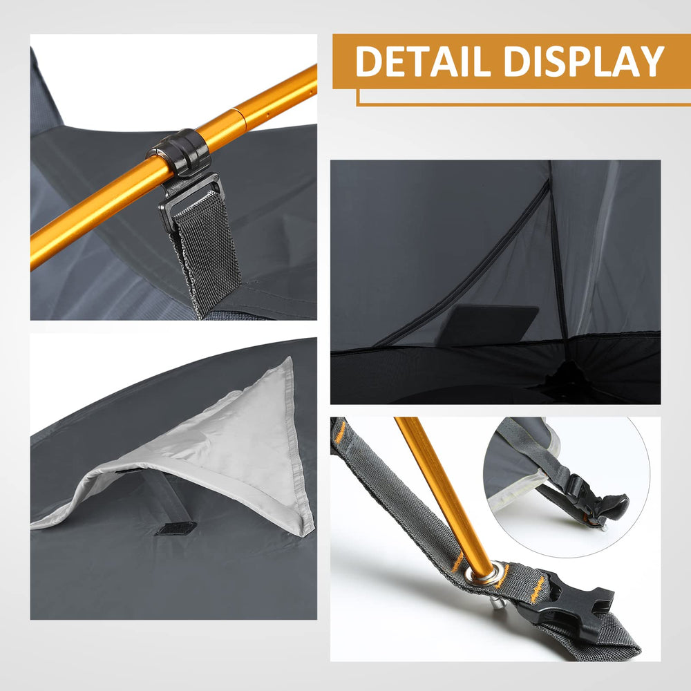 Bessport 2P tent welded floor keeps feet dry on damp ground.