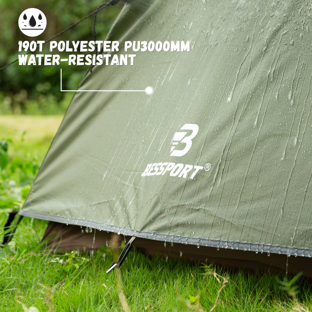 Bessport 3-Person Tent waterproof seams protect interior in wet weather.