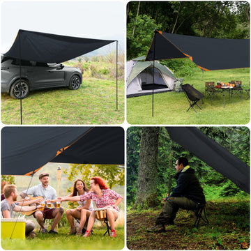 Bessport backyard setup using tarp as kitchen shelter during campouts