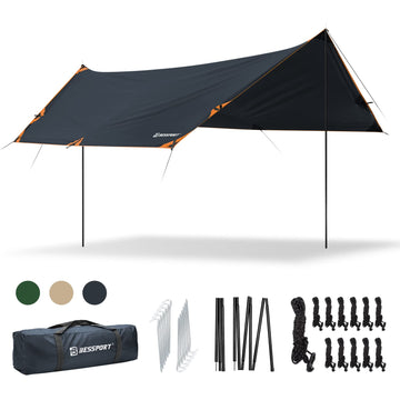 Bessport camping tarp fully assembled provides quick all-weather shelter