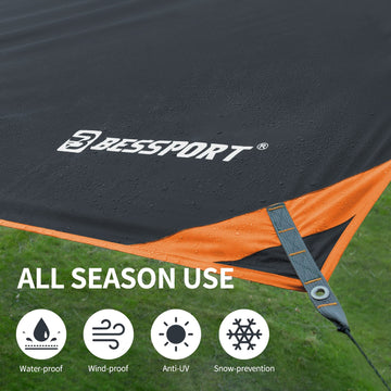Bessport tarp used as hammock shelter for outdoor lounging