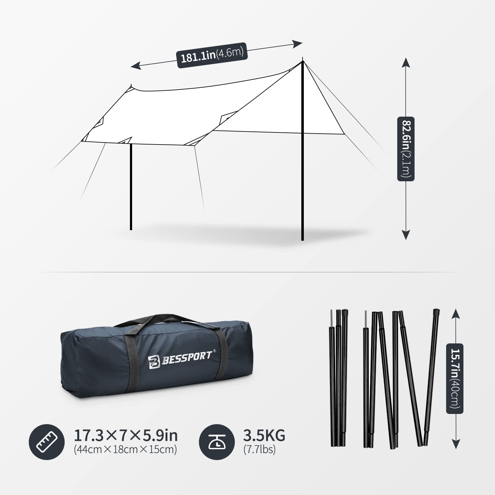 Bessport camping tarp with two poles enables quick tent or hammock setup