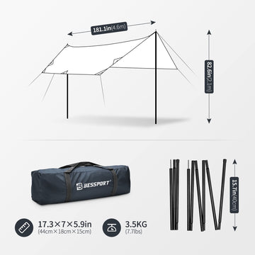 Bessport camping tarp with two poles enables quick tent or hammock setup