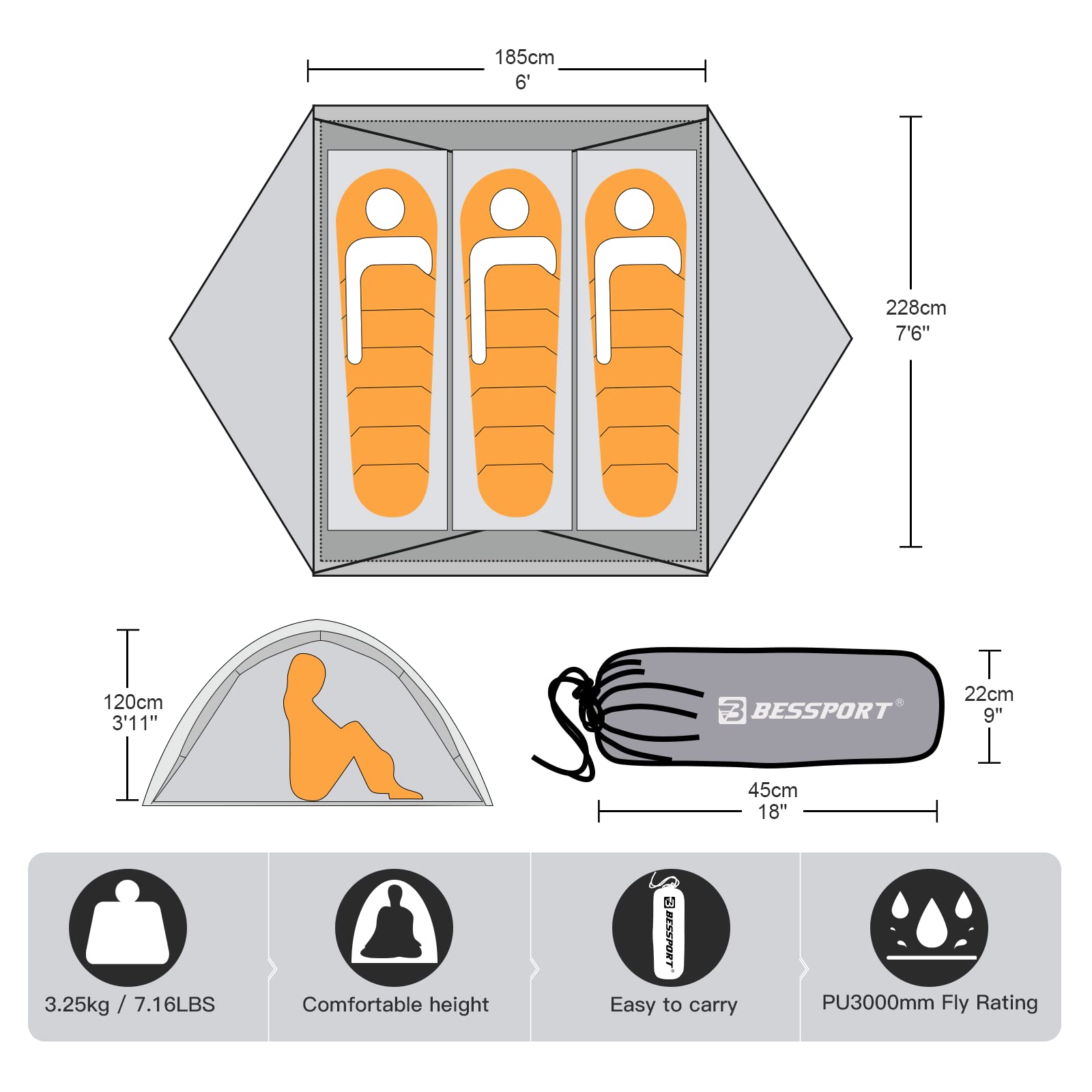 Bessport camping tent interior space demonstrates roomy layout with two doors and vestibules