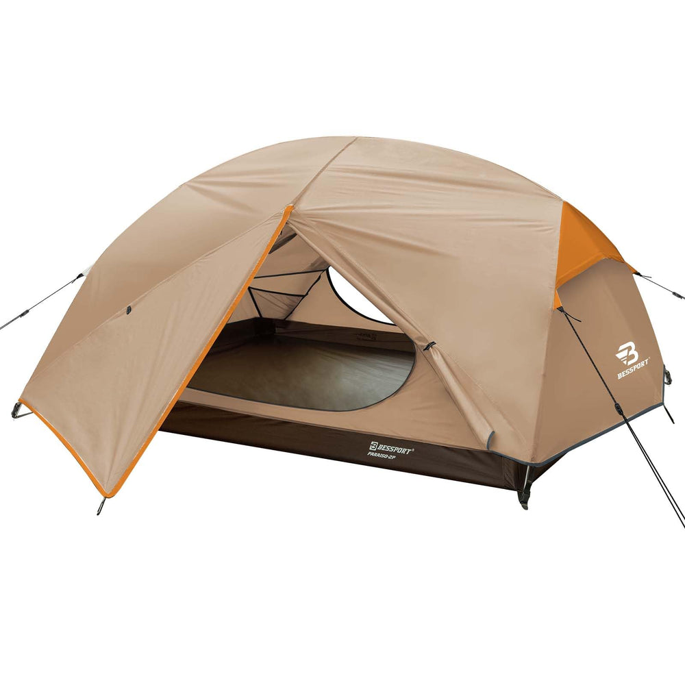 Bessport camping tent exterior in forest, ideal for group camping.