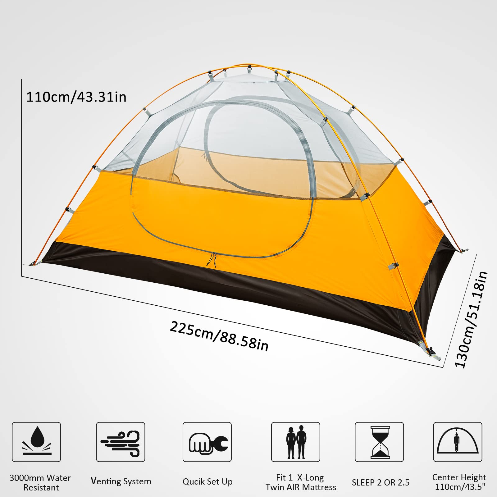 Bessport tent interior dimensions highlighting spacious floor area for two campers.