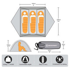 Bessport camping tent interior shows spacious three-person layout for comfortable camping.