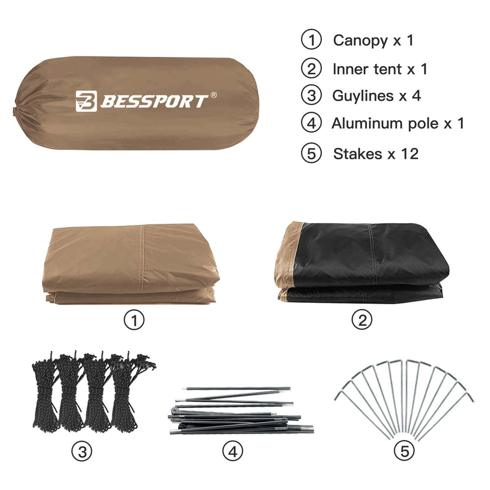 Bessport camping tent setup with aluminum pole enables quick outdoor assembly.