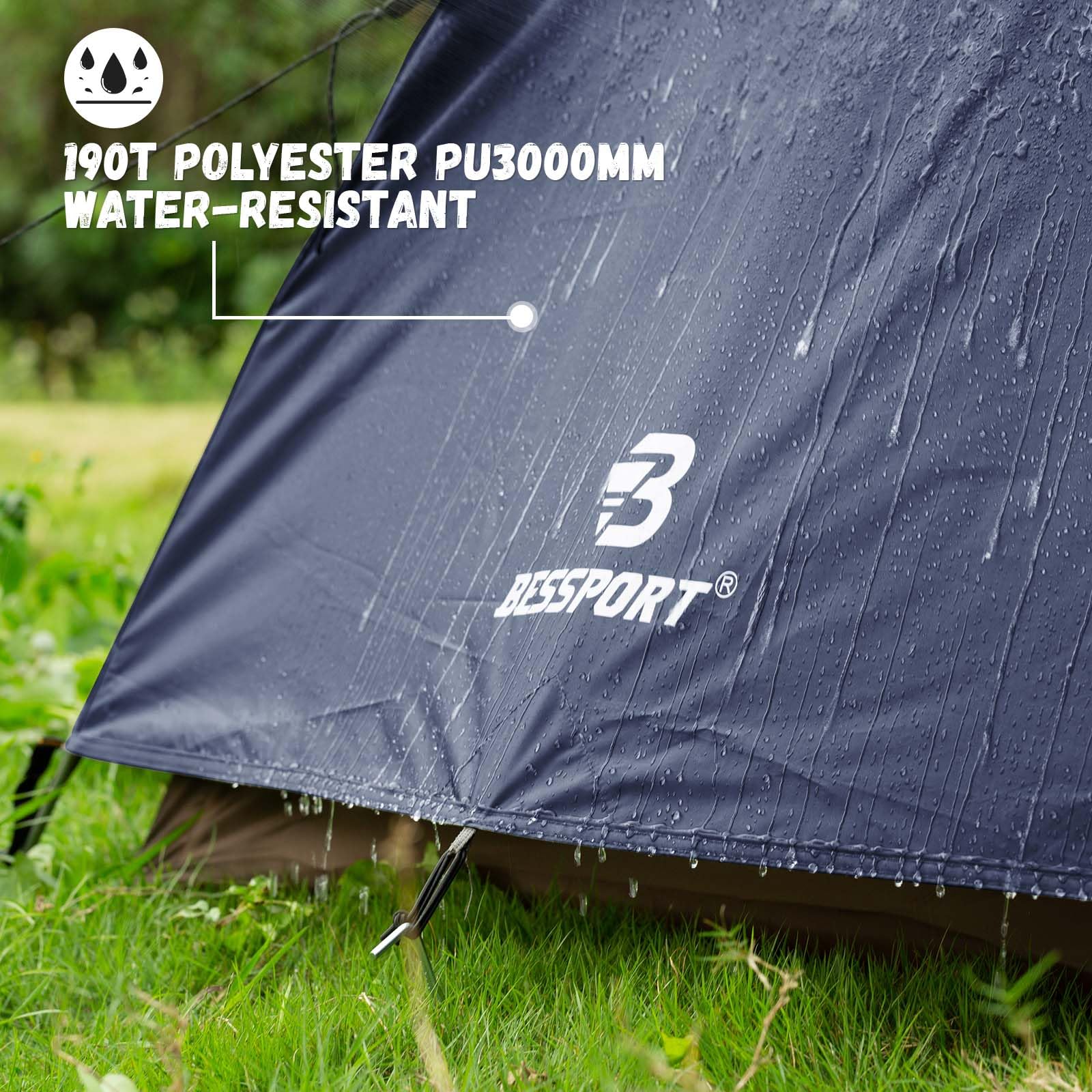 Bessport camping tent wind-stability-guylines demonstrating sturdy setup during windy weather.