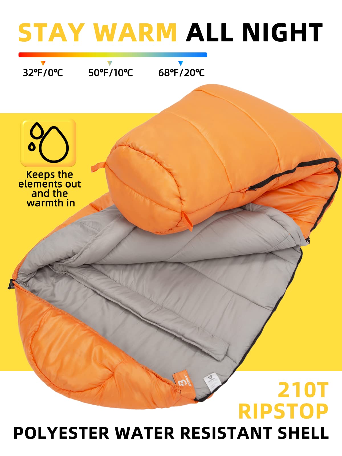 Bessport Mummy Sleeping Bag water-repellent shell protects you on drizzly adventures