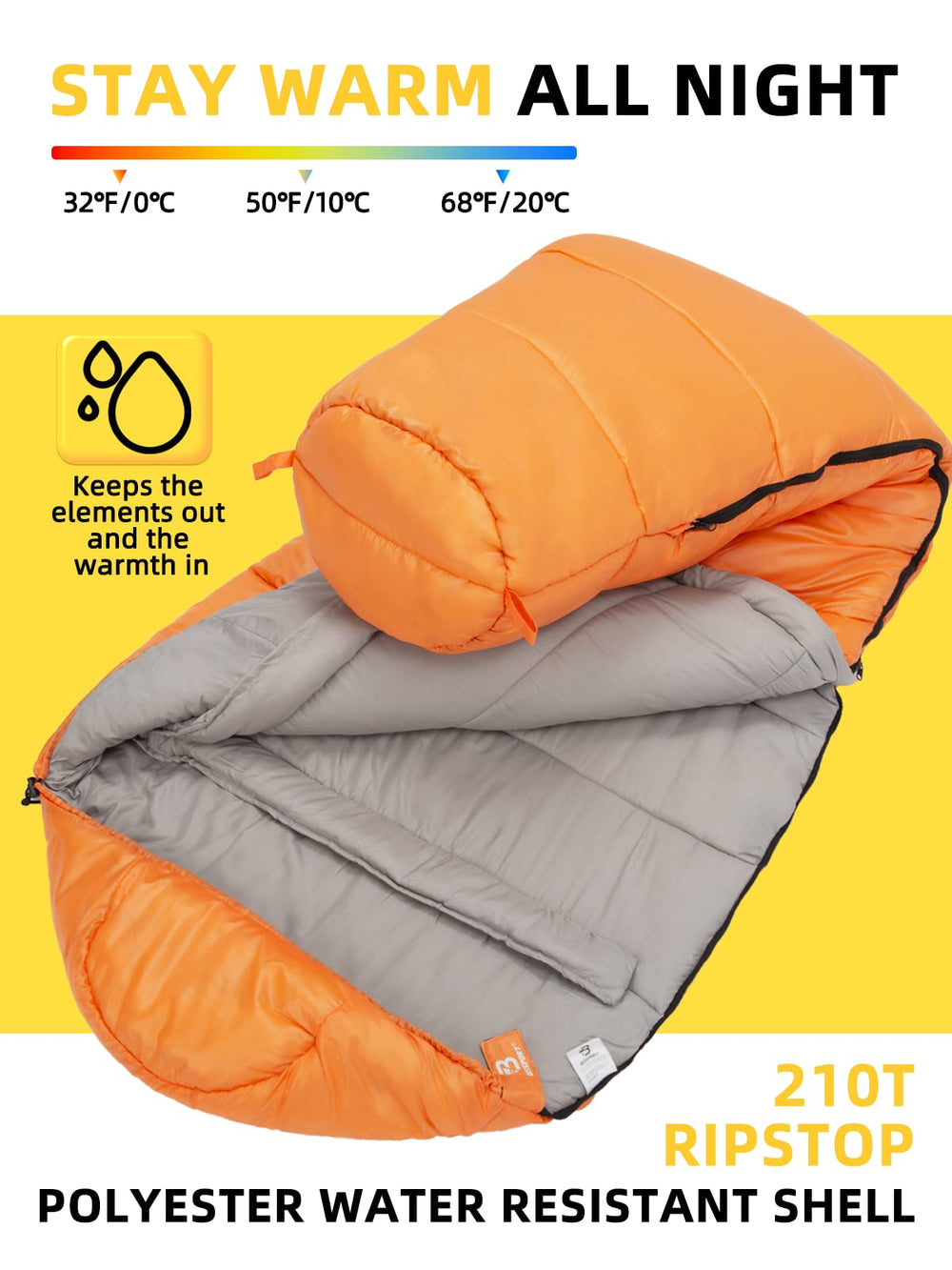 Bessport Mummy Sleeping Bag water-repellent shell protects you on drizzly adventures