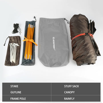 Bessport tent includes 7001 aluminum stakes and reflective guylines for wind resistance.