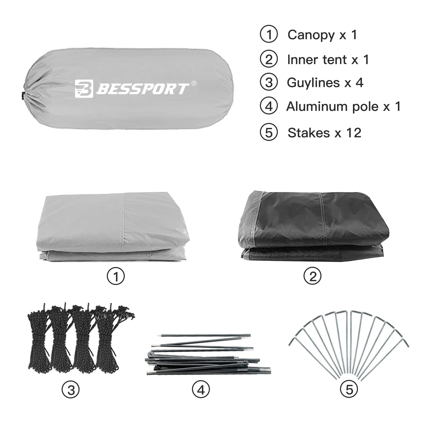 Bessport tent setup with single aluminum pole and clips for quick, snag-free assembly