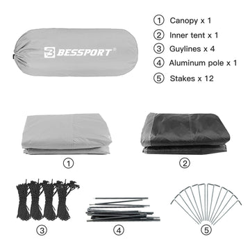 Bessport tent setup with single aluminum pole and clips for quick, snag-free assembly