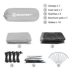 Bessport tent setup with single aluminum pole and clips for quick, snag-free assembly