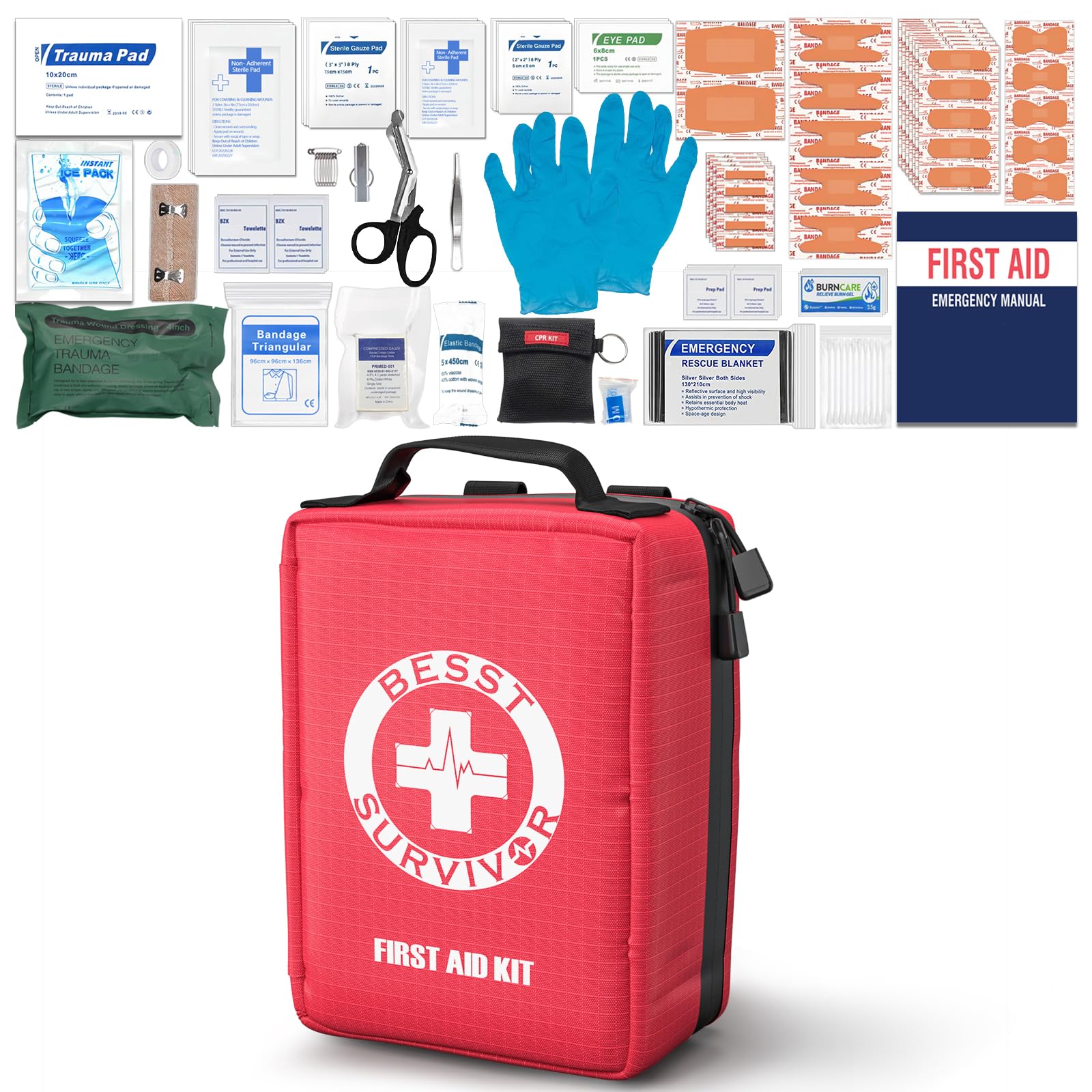 Besst Survivor premium first aid kit with labelled compartments for quick access.