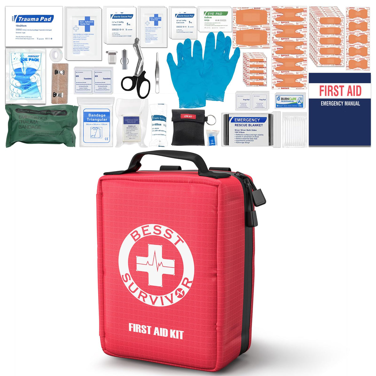Besst Survivor premium first aid kit with labelled compartments for quick access.