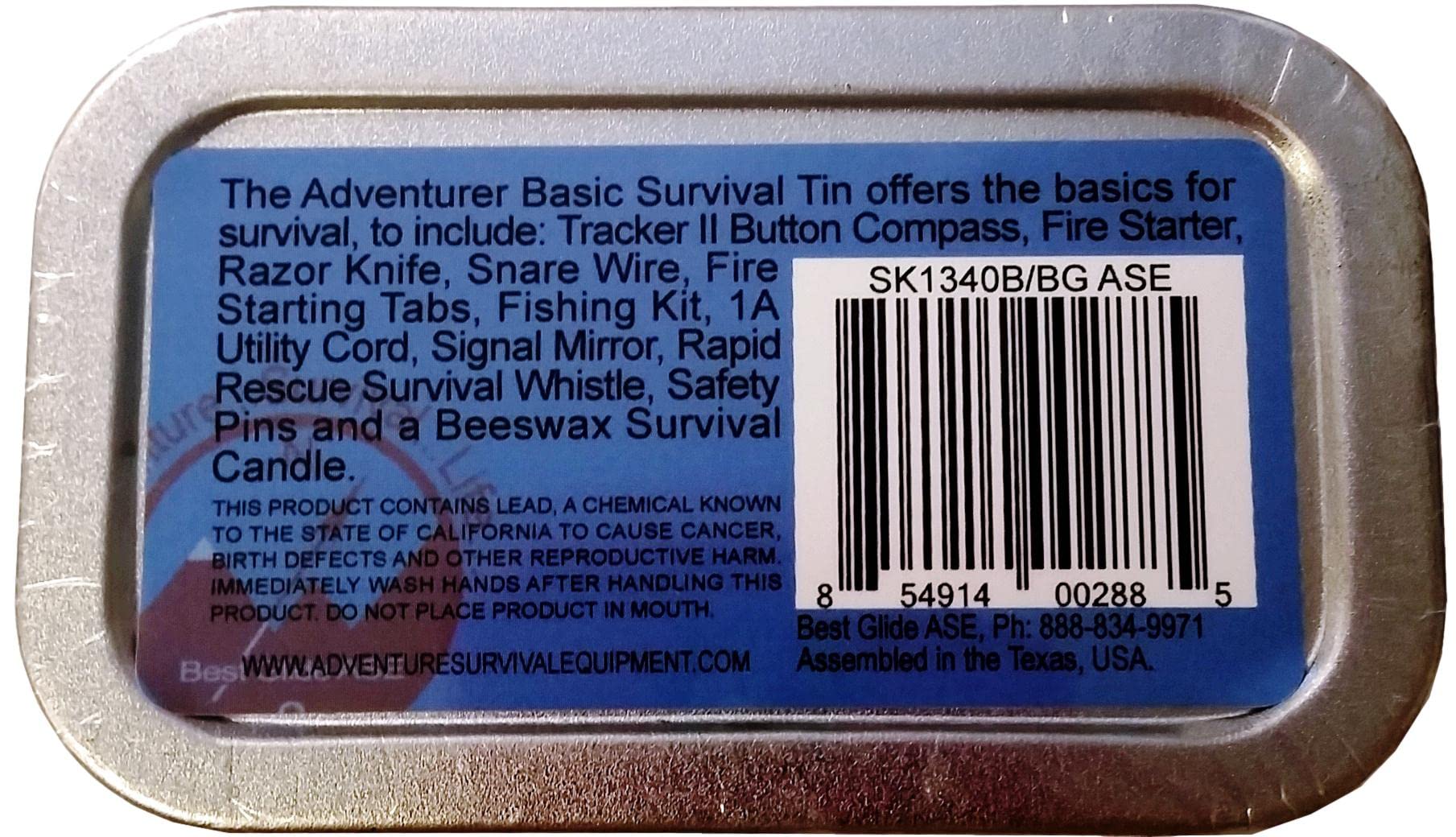 Layout of contents in the Best Glide ASE Adventurer tin highlighting compact, USA-made essentials for field use.