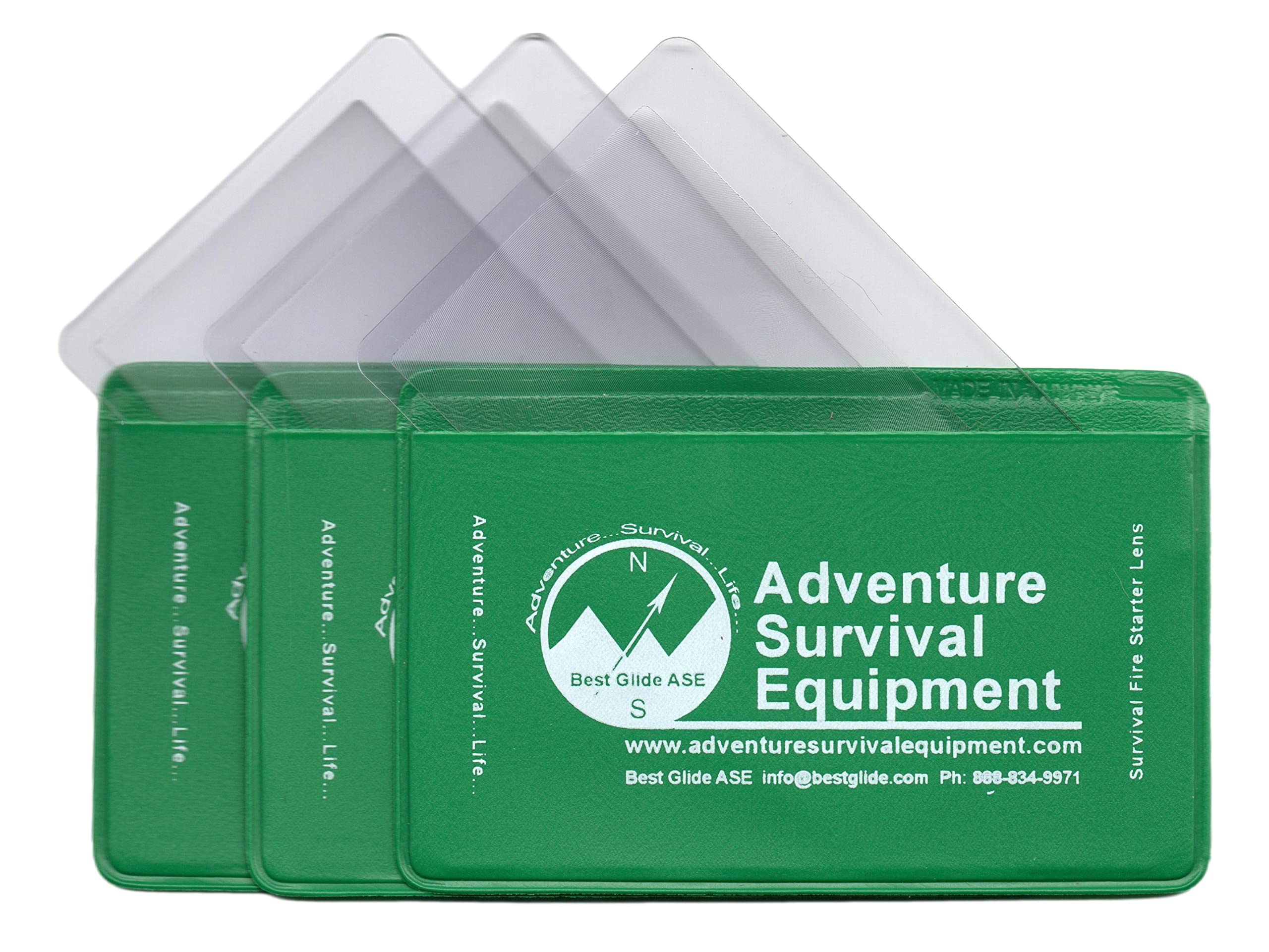 Best Glide ASE credit card Fresnel lens fire starter in a compact 3-pack green case for emergencies