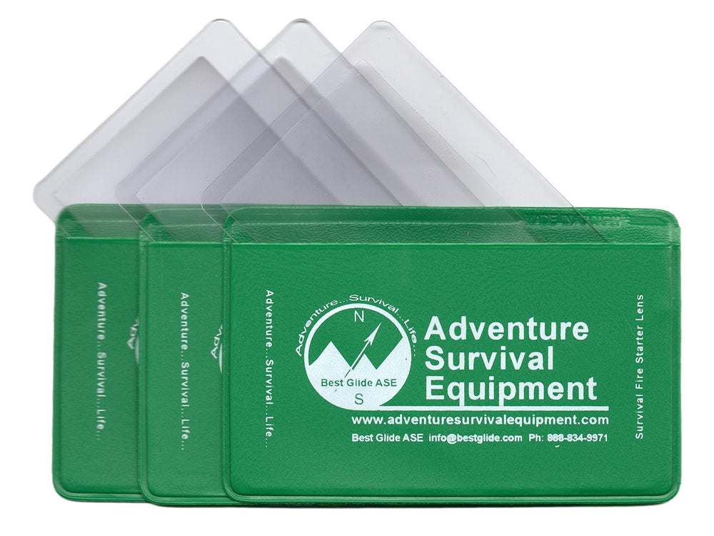 Best Glide ASE credit card Fresnel lens fire starter in a compact 3-pack green case for emergencies