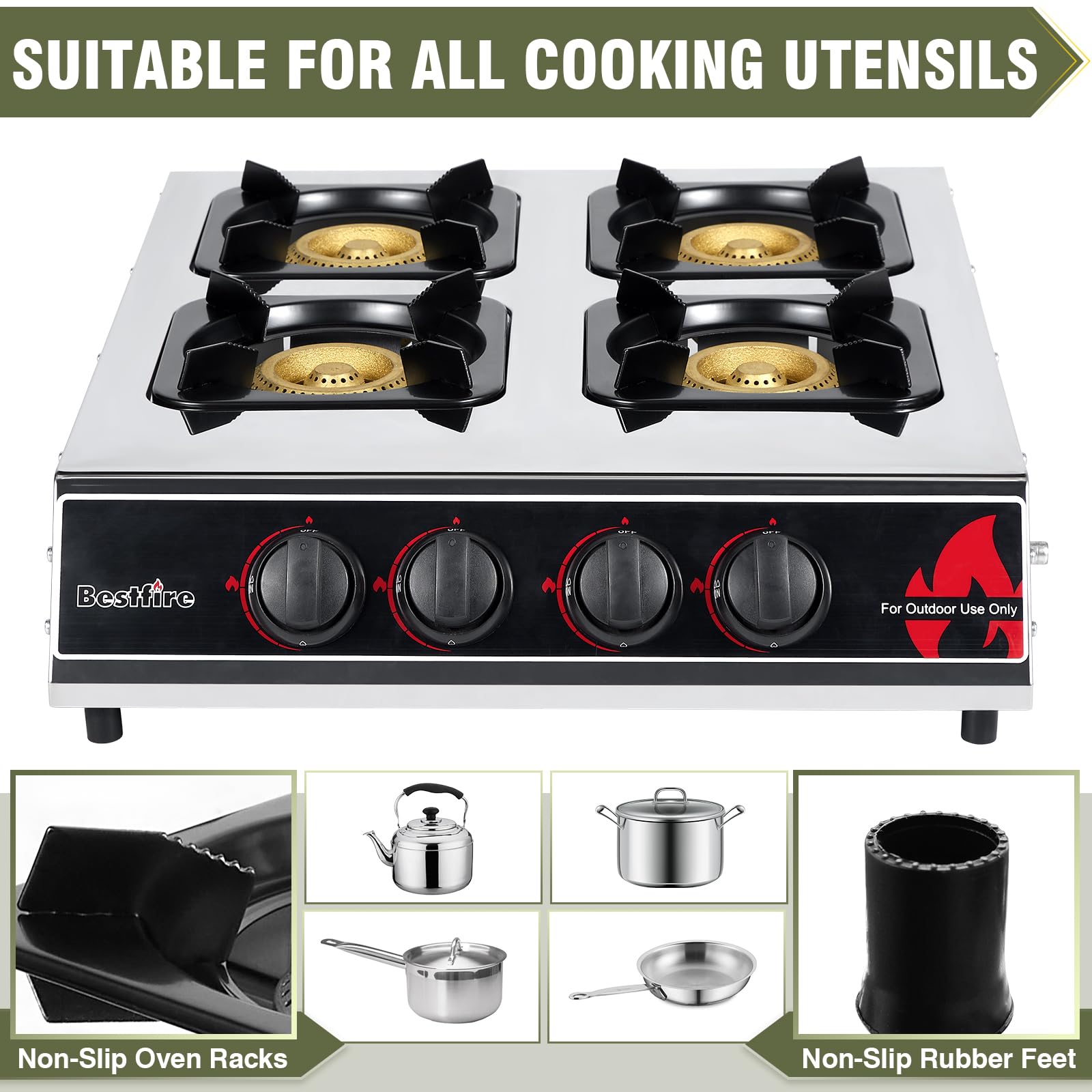 BESTFIRE enamel pan supports illustrated holding heavy pots during high-heat outdoor sessions