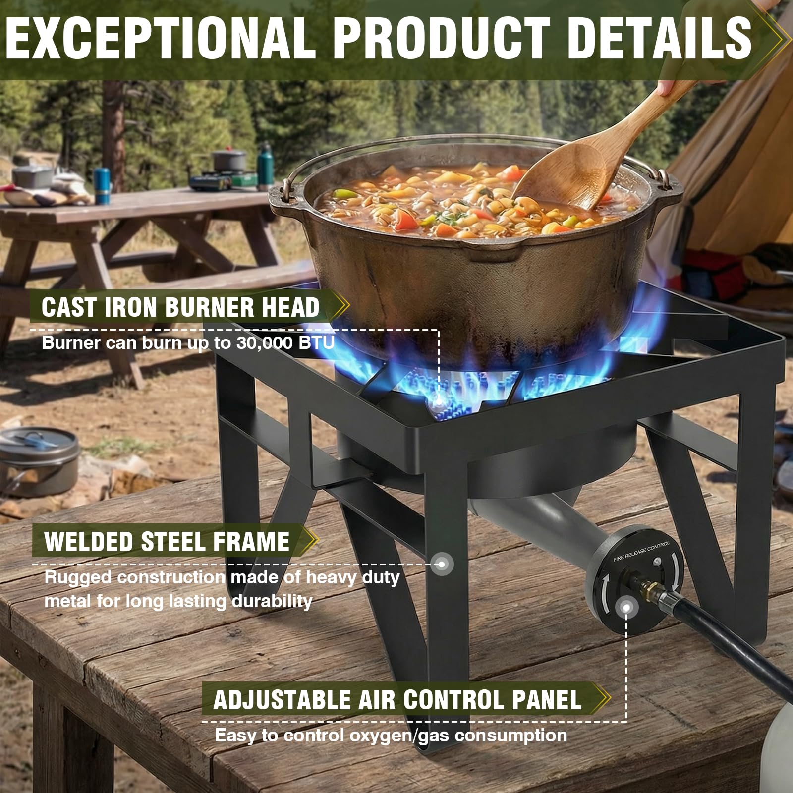 BESTFIRE heavy-duty frame highlights durability for heavy use in camping and backyard cooking.