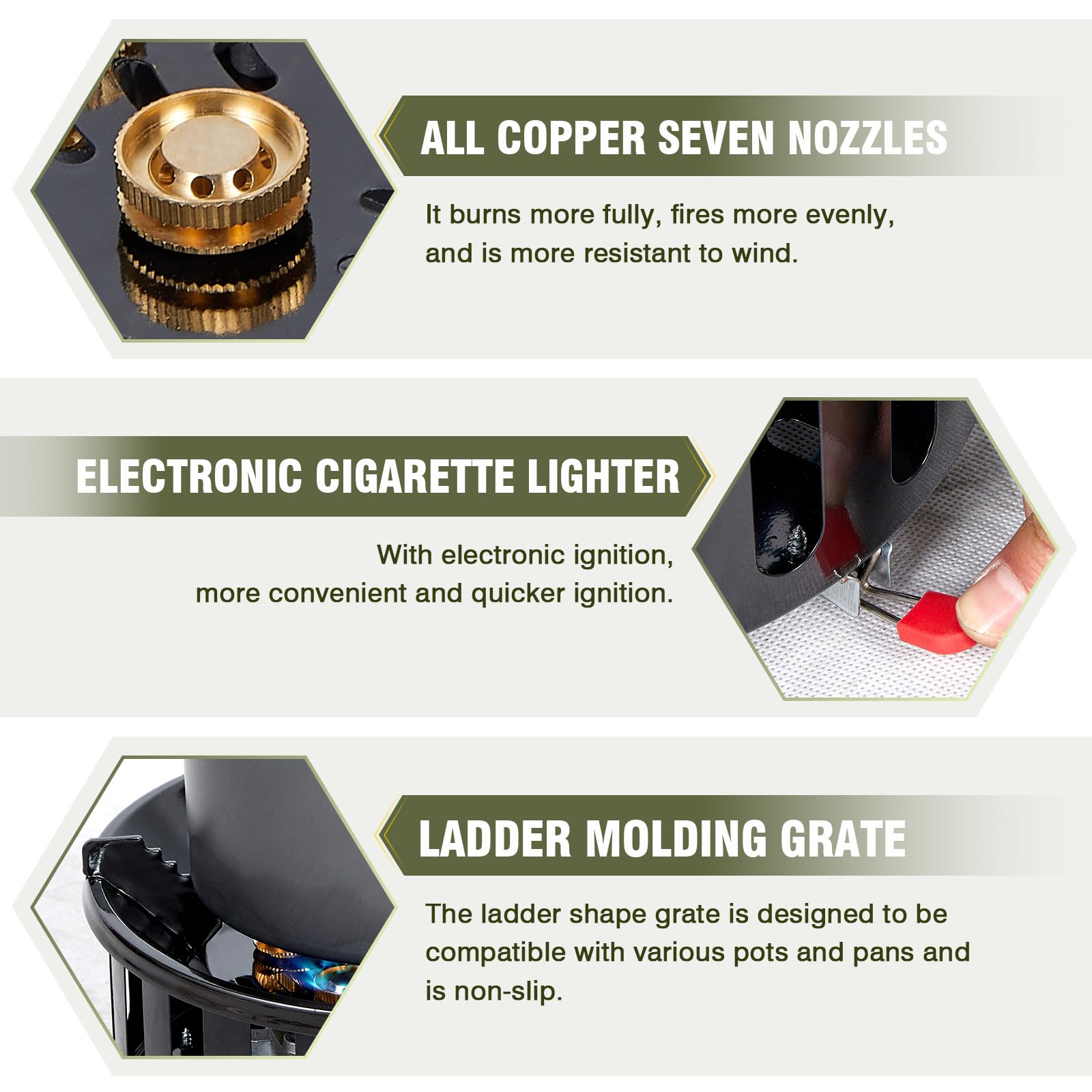 Bestfire piezo ignition system enables quick starts during adventures.