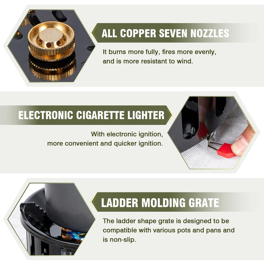 Bestfire piezo ignition system enables quick starts during adventures.