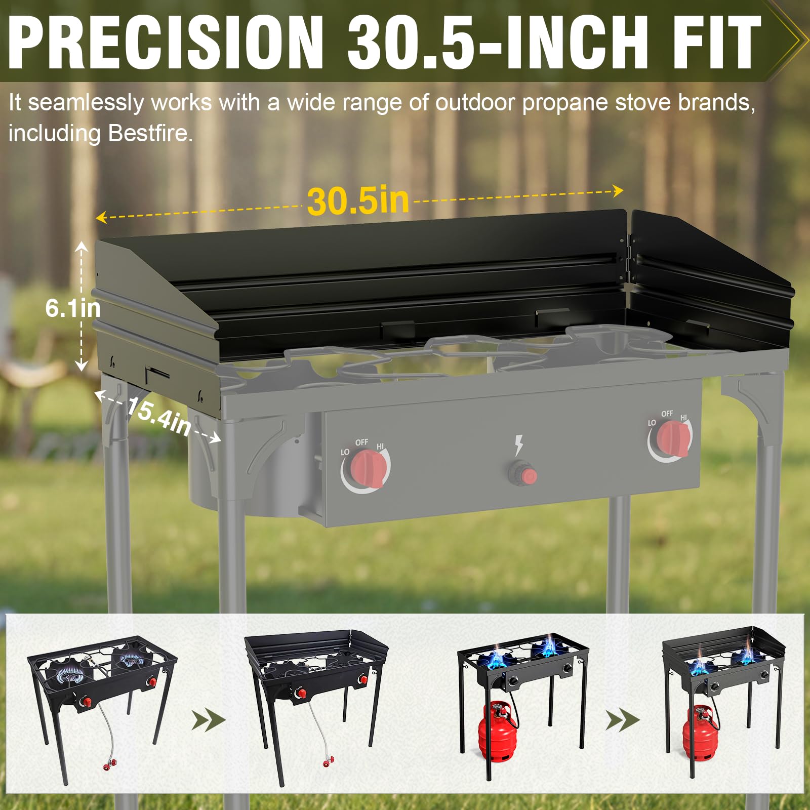 Bestfire windpanel universal compatibility supports many two-burner stoves.