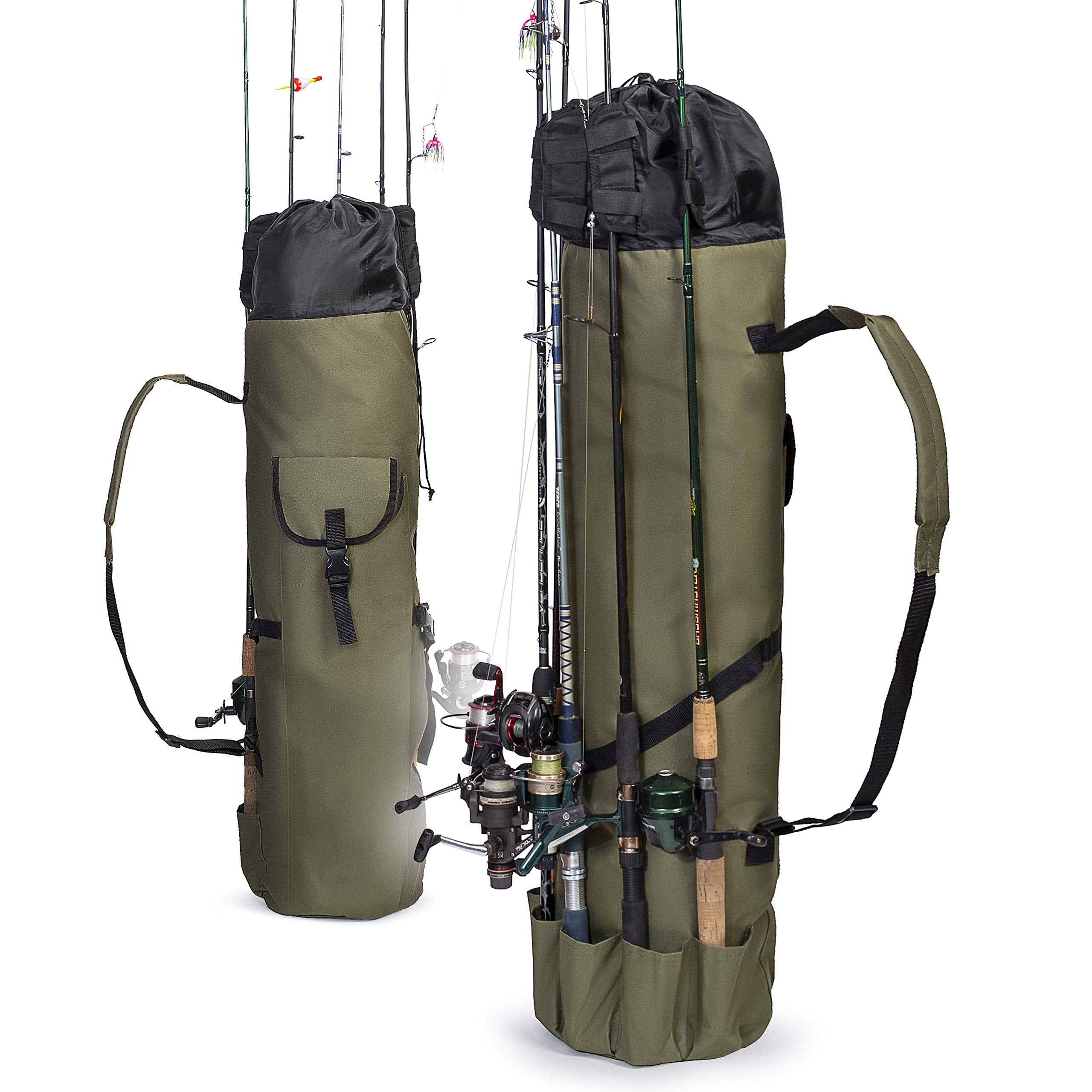 Front view of Besti fishing rod organizer bag in khaki green