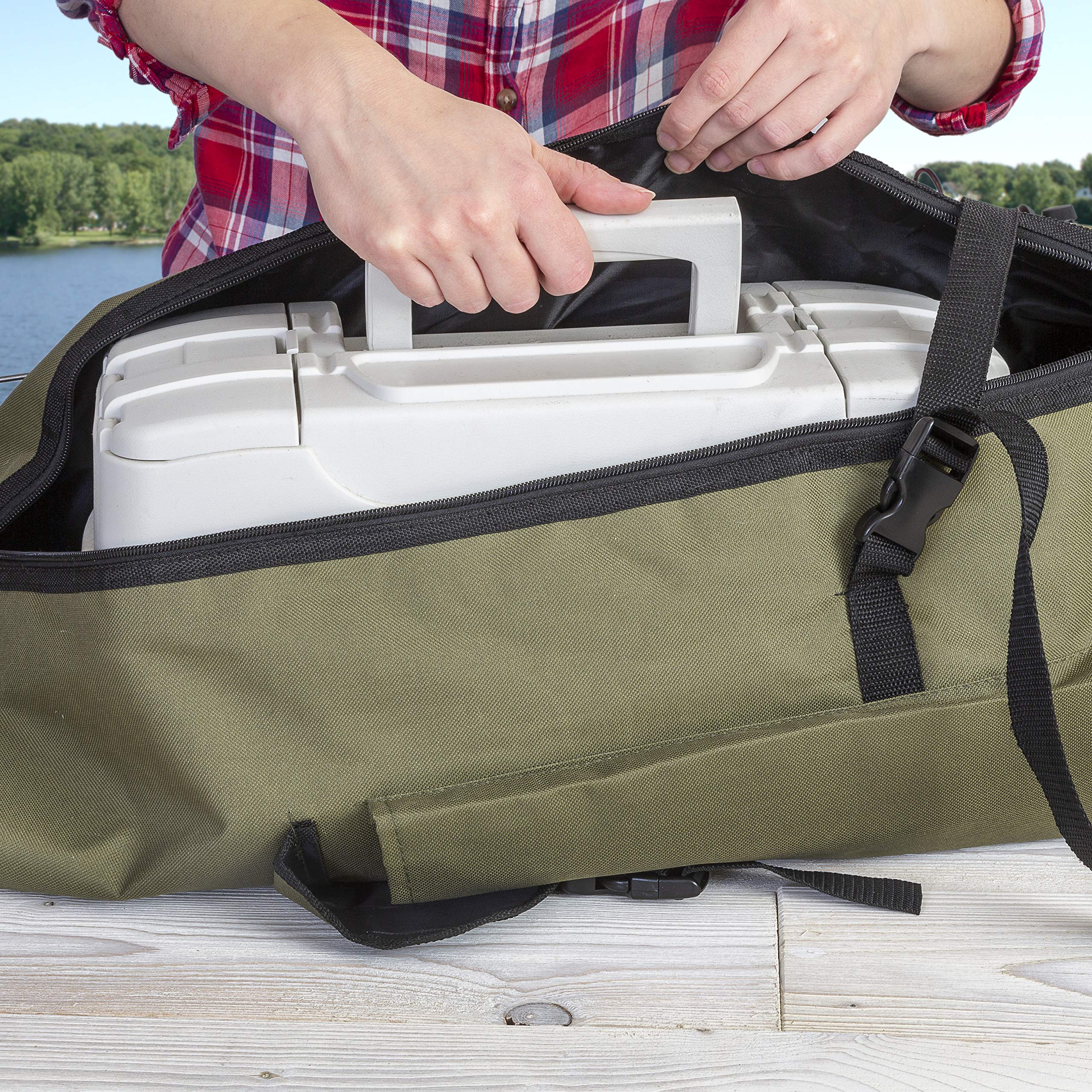 Open compartment displaying space for five rods and reels