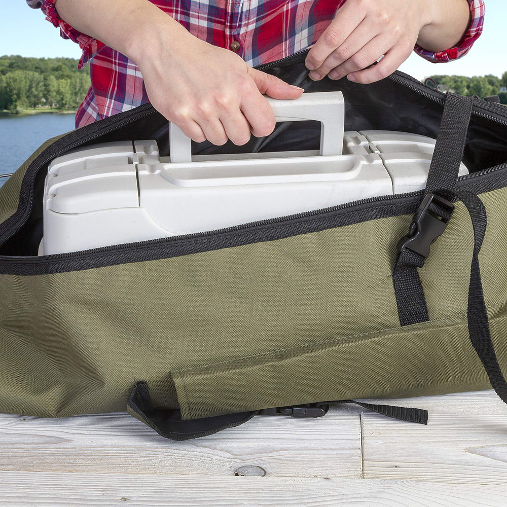 Open compartment displaying space for five rods and reels