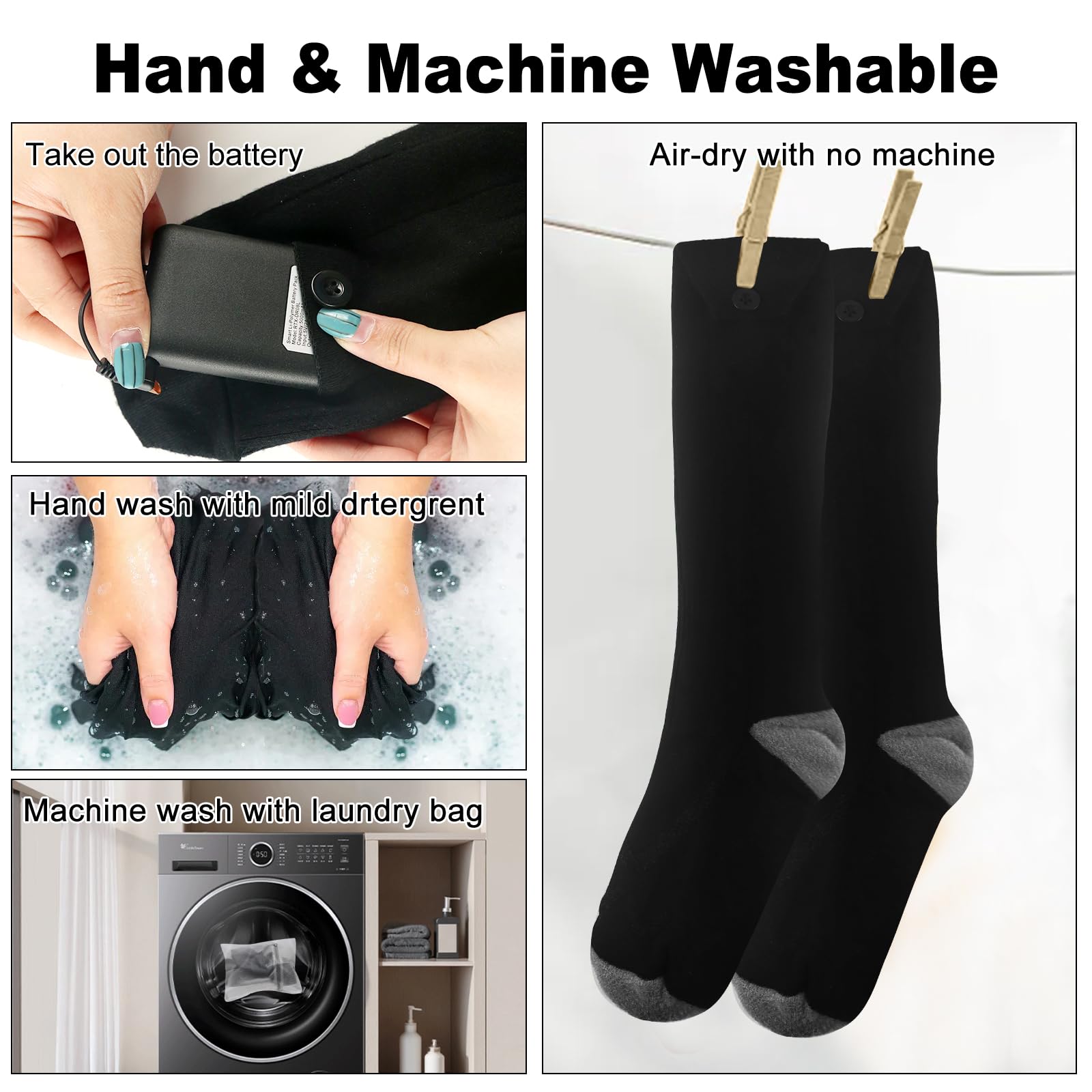 BESWORLDS Washable heated socks care image demonstrates easy cleaning.