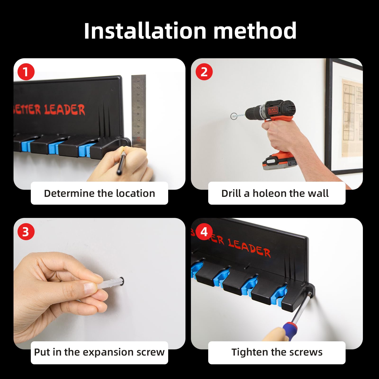 Better Leader rod holder with versatile mounting on wall and ceiling.