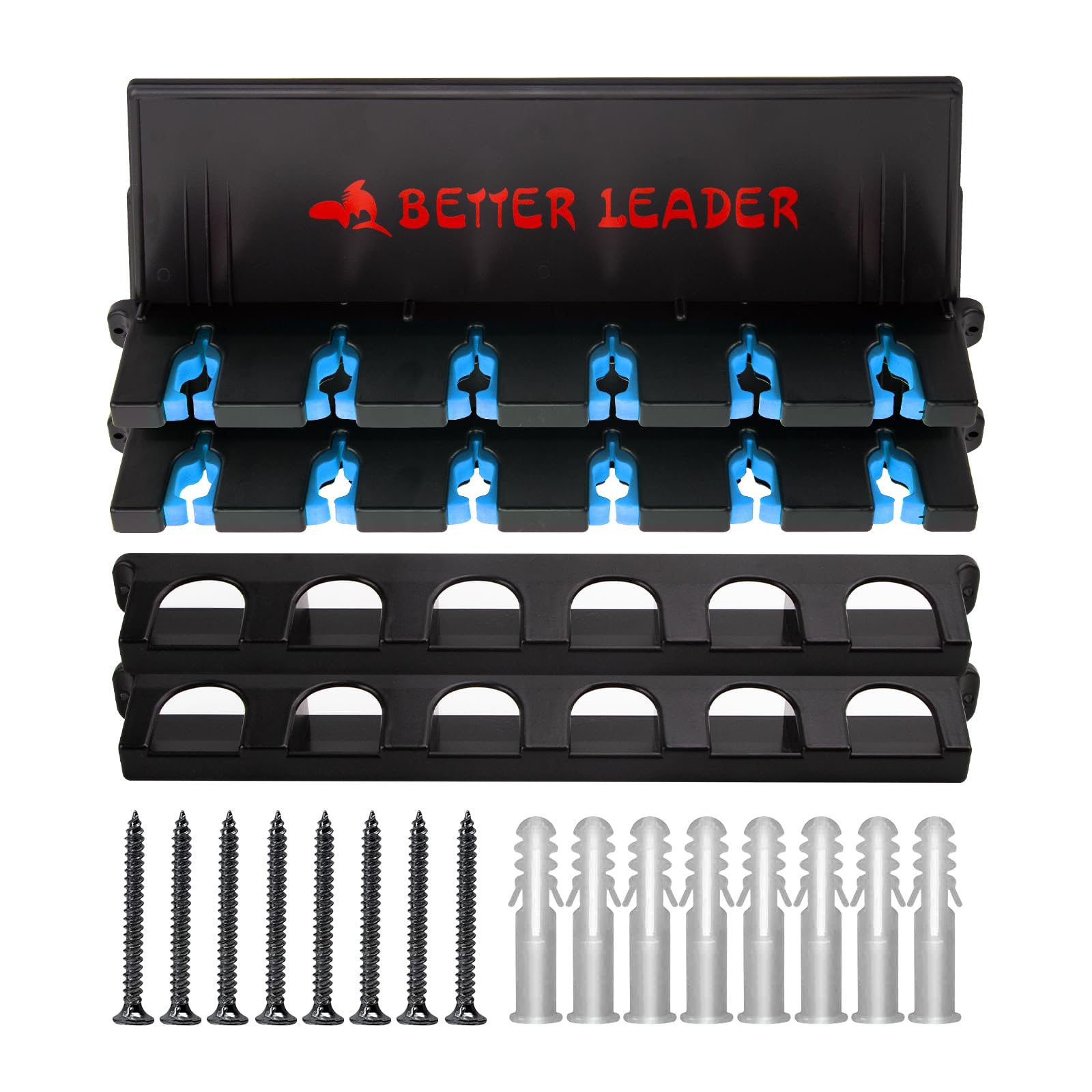 Better Leader wall-mount rod rack installation shown in a garage setup.