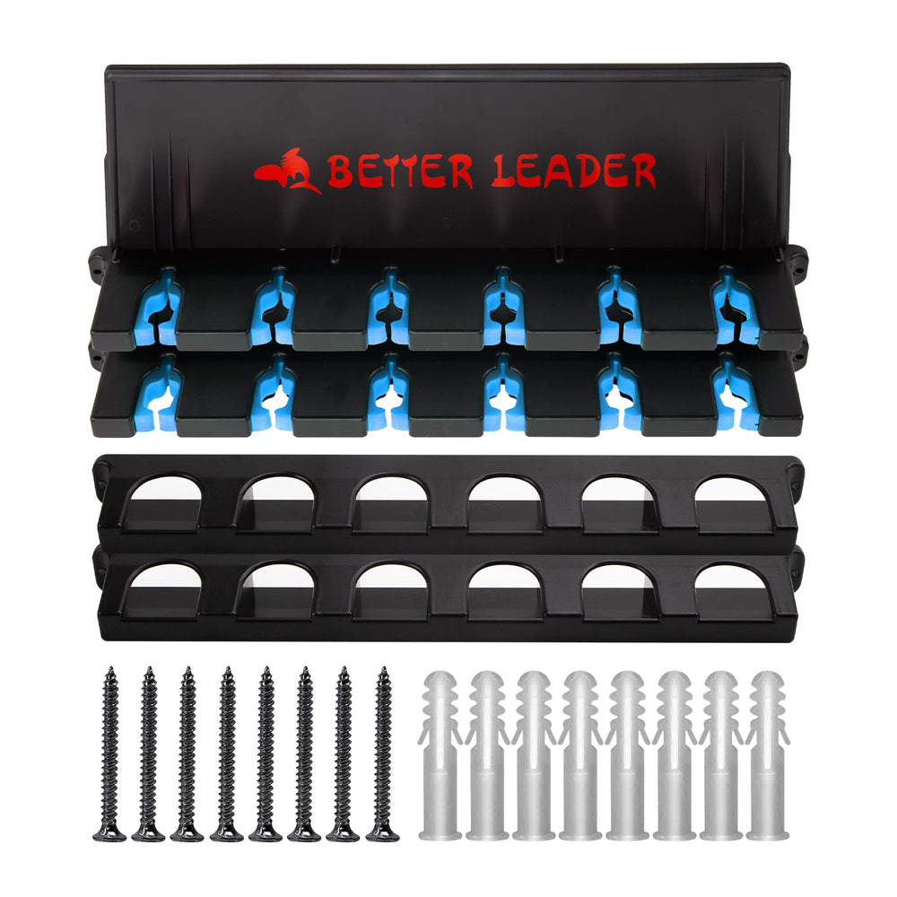 Better Leader wall-mount rod rack installation shown in a garage setup.