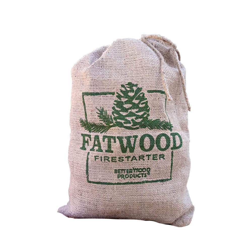 Better Wood Fatwood firestarter burlap bag open shows resin-rich sticks for quick lighting.