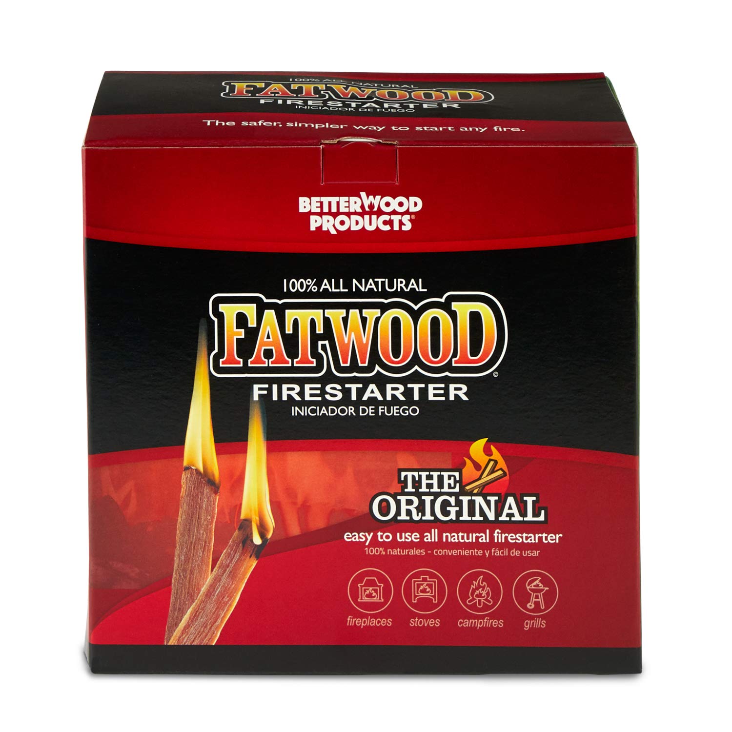 Better Wood Products Fatwood campfire setup highlights quick two-stick ignition on logs.