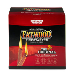 Better Wood Products Fatwood campfire setup highlights quick two-stick ignition on logs.
