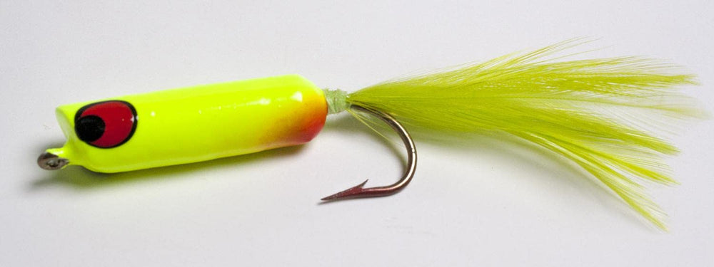 Betts 108-10 Pop N' Stripe chartreuse finish front view, high visibility lure for casting