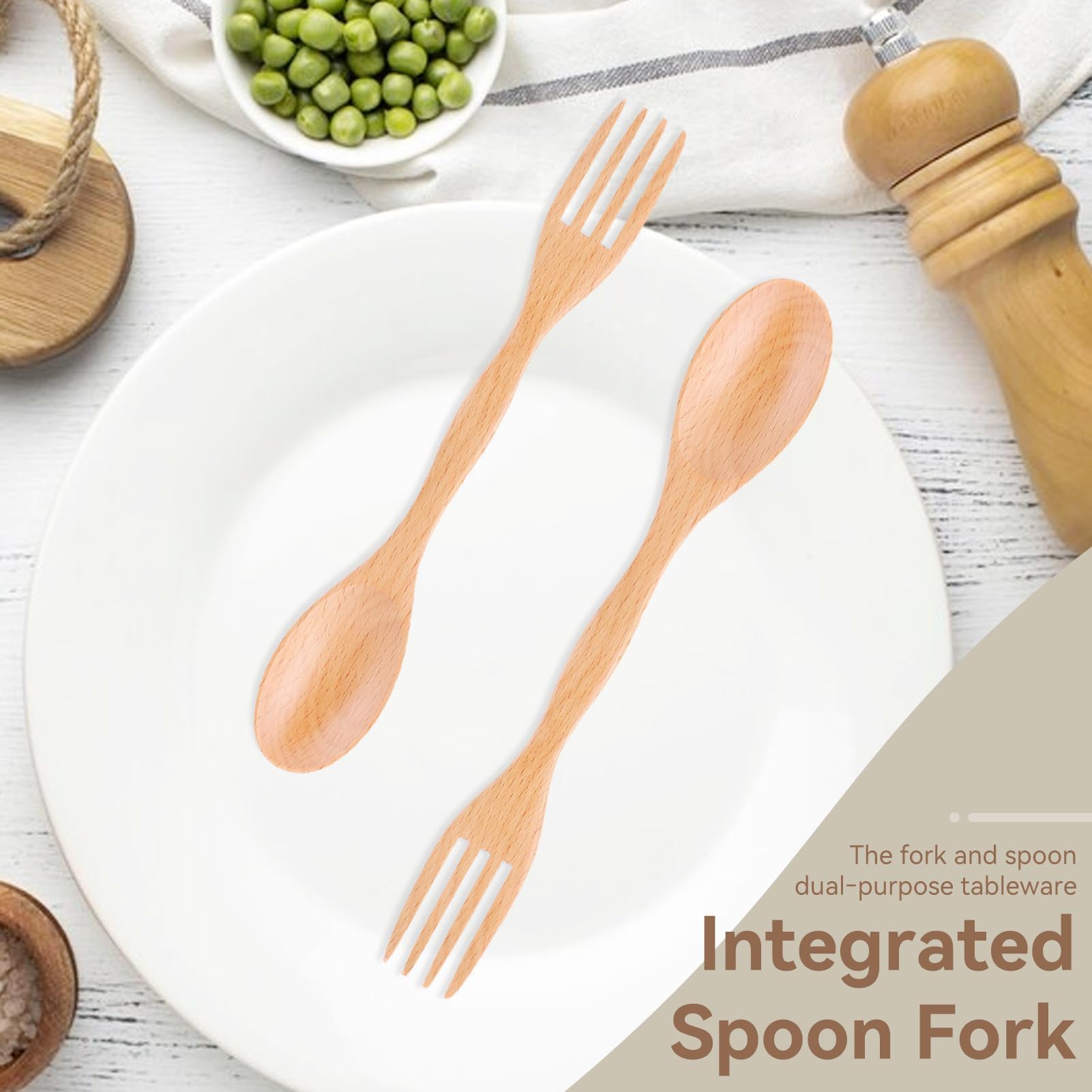 Beufee wooden spoon and fork dual use close up highlighting durable wood.