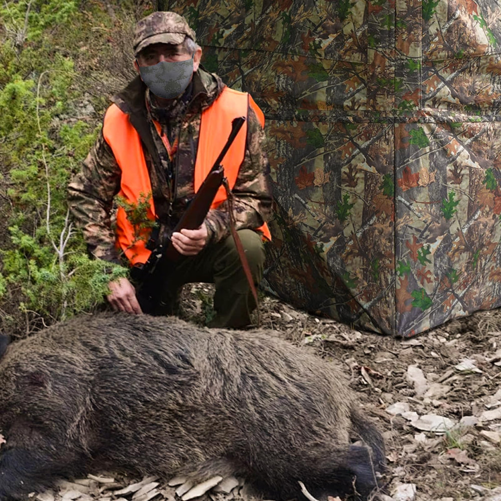 Beviliu ground blind interior accommodates 2–3 hunters and gear.