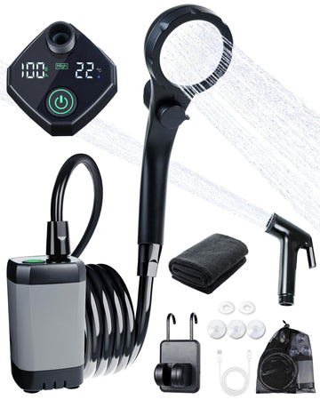 Beviliu portable shower kit contents enable quick outdoor campsite setup.
