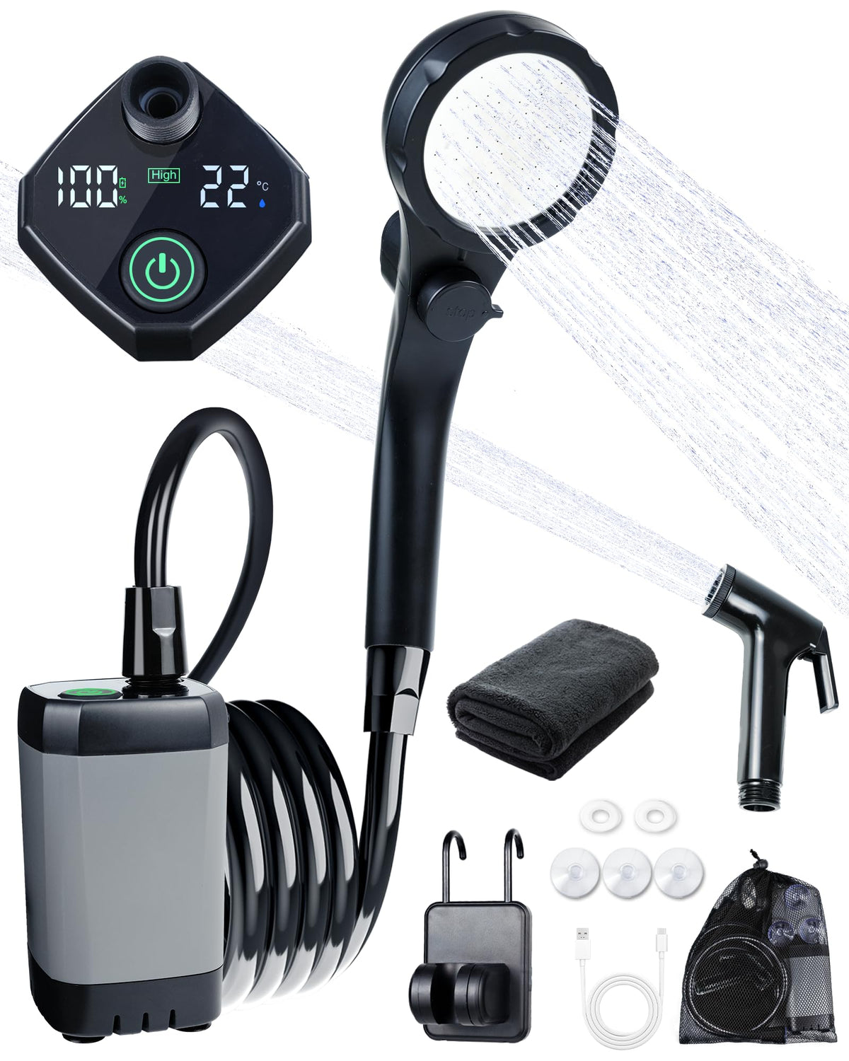 Beviliu portable shower kit contents enable quick outdoor campsite setup.