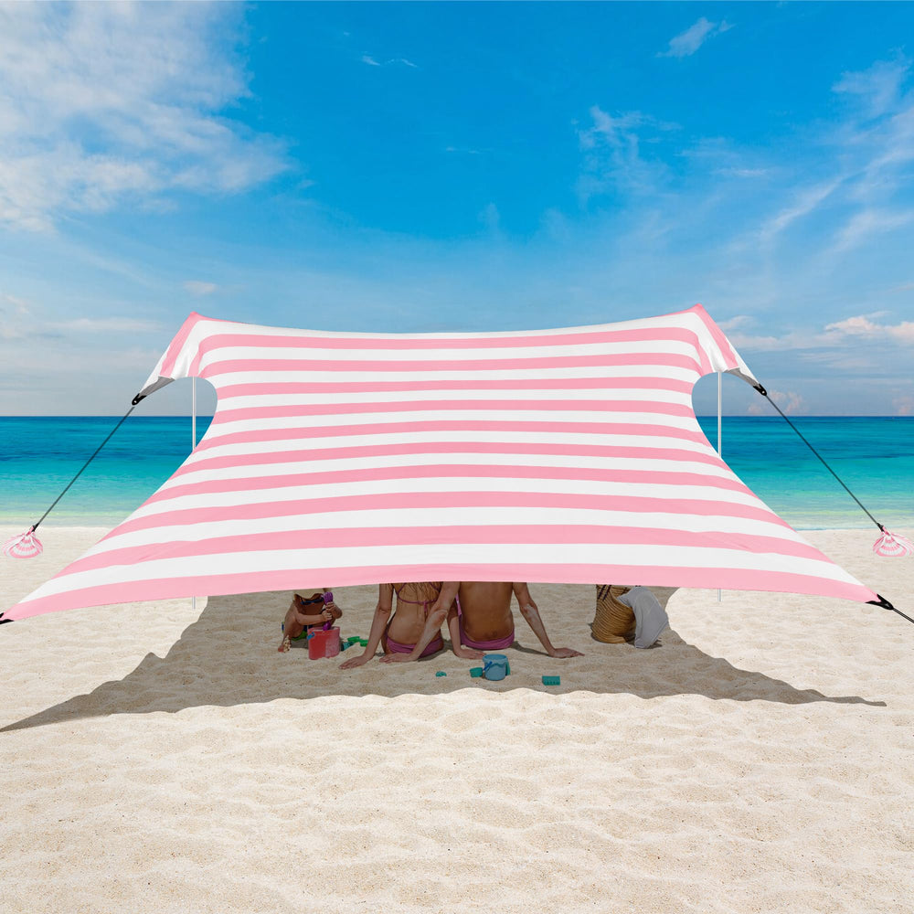 BEW Beach Tent UPF50+ pink stripe provides sun protection for beach days.