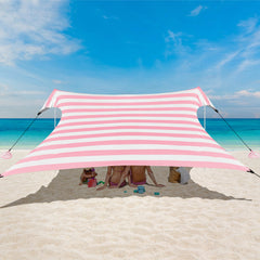 BEW Beach Tent UPF50+ pink stripe provides sun protection for beach days.