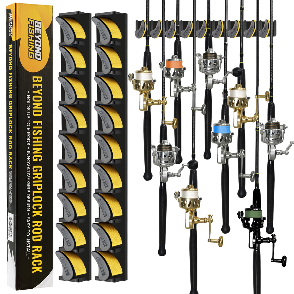 Beyond Braid GripLock vertical rod rack 2-pack holds nine rods for organized access.
